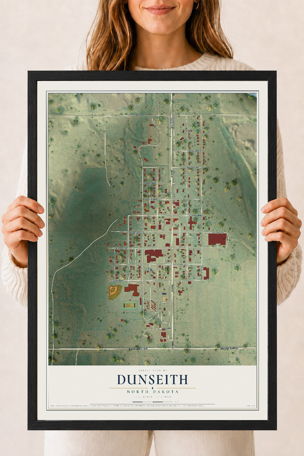 Map of Dunseith, North Dakota, 18 x 24 inch print in a black wood frame