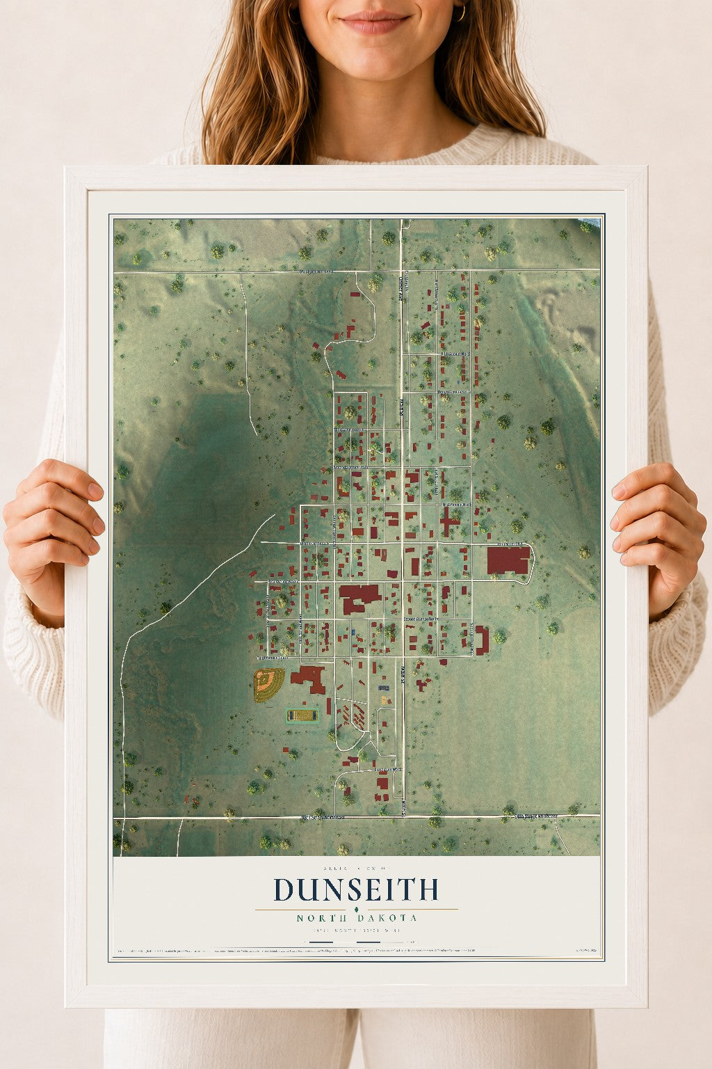 Map of Dunseith, North Dakota, 18 x 24 inch print in a white wood frame