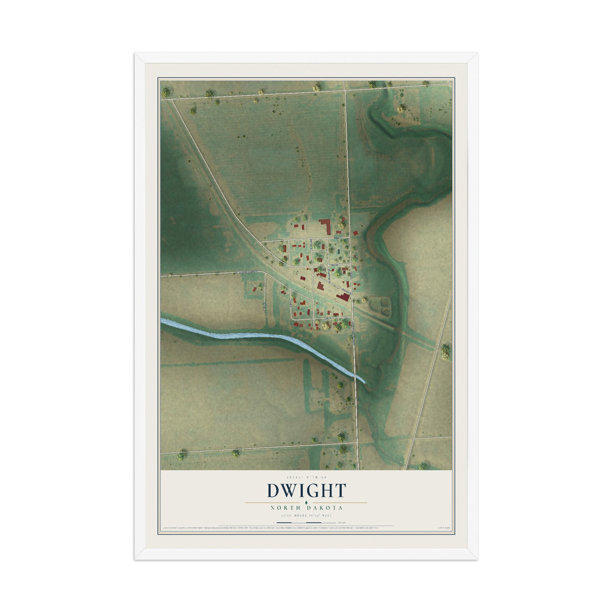 Map of Dwight, North Dakota, 12 x 18 inch print in a white wood frame