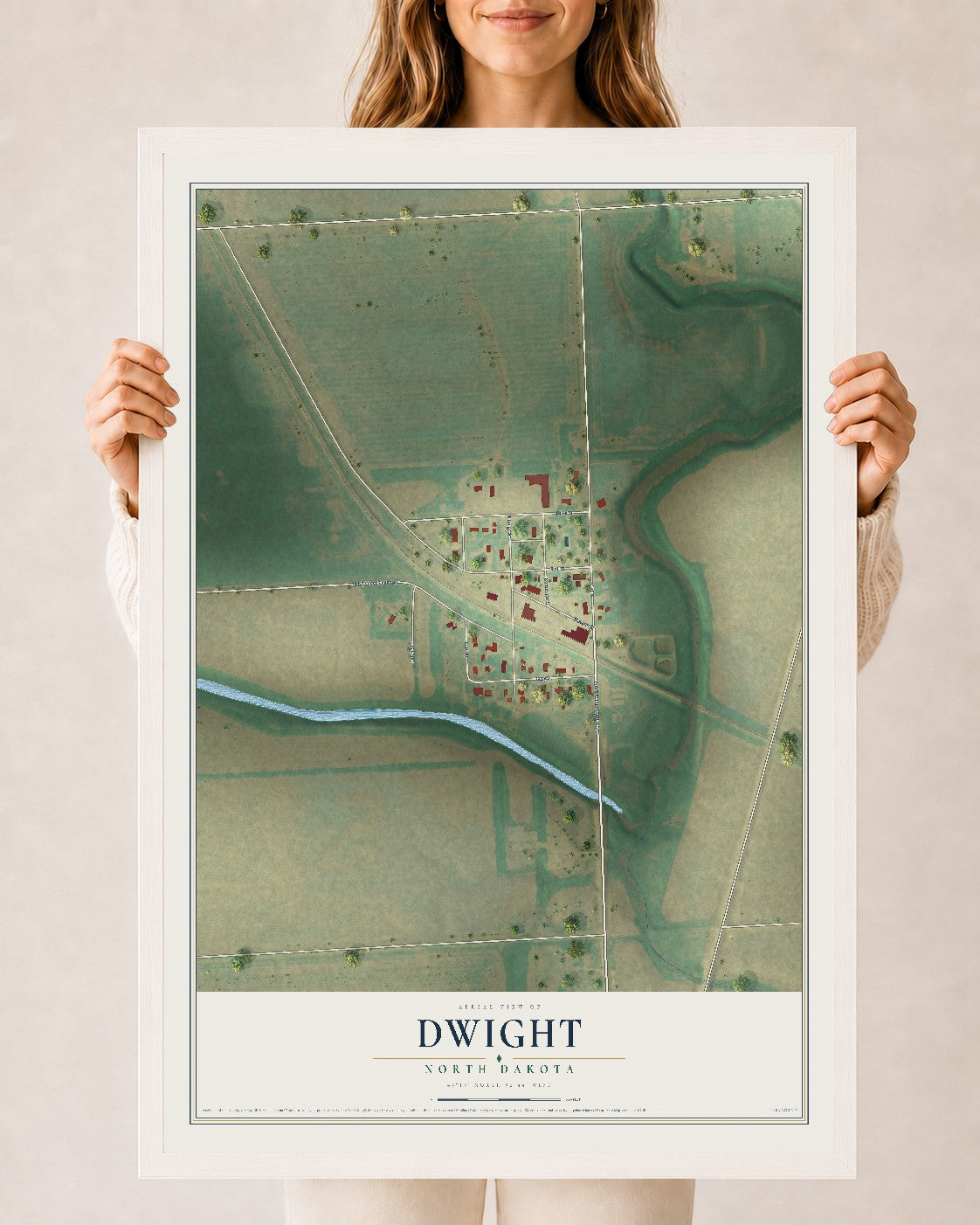 Map of Dwight, North Dakota, 24 x 36 inch print in a white wood frame