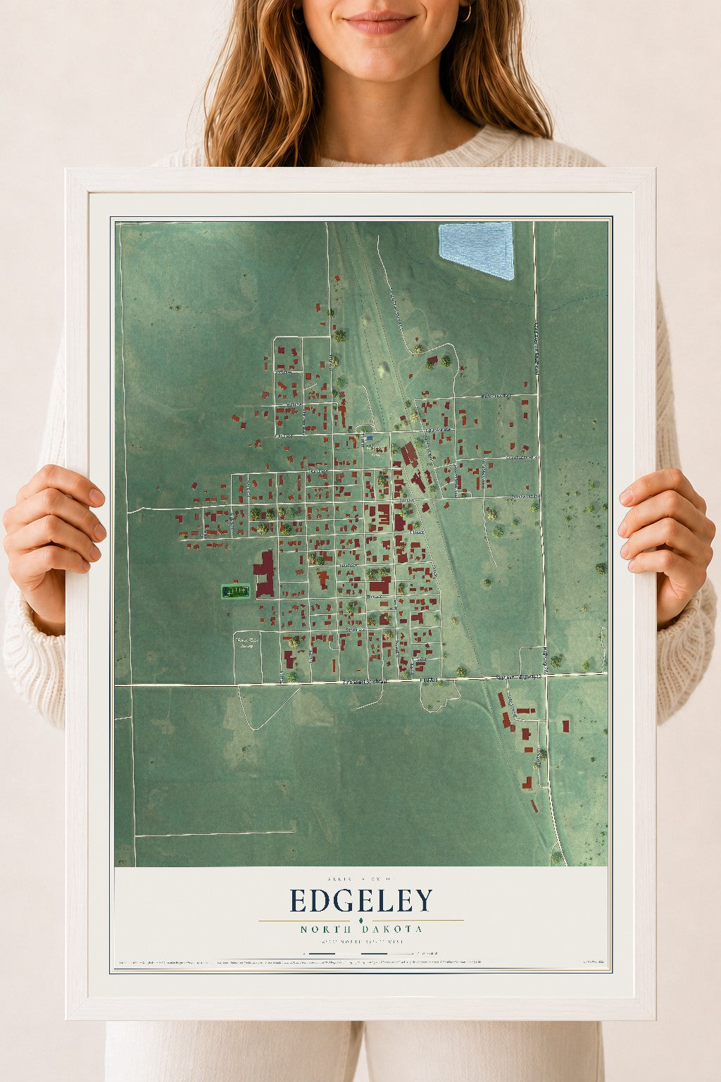 Map of Edgeley, North Dakota, 18 x 24 inch print in a white wood frame