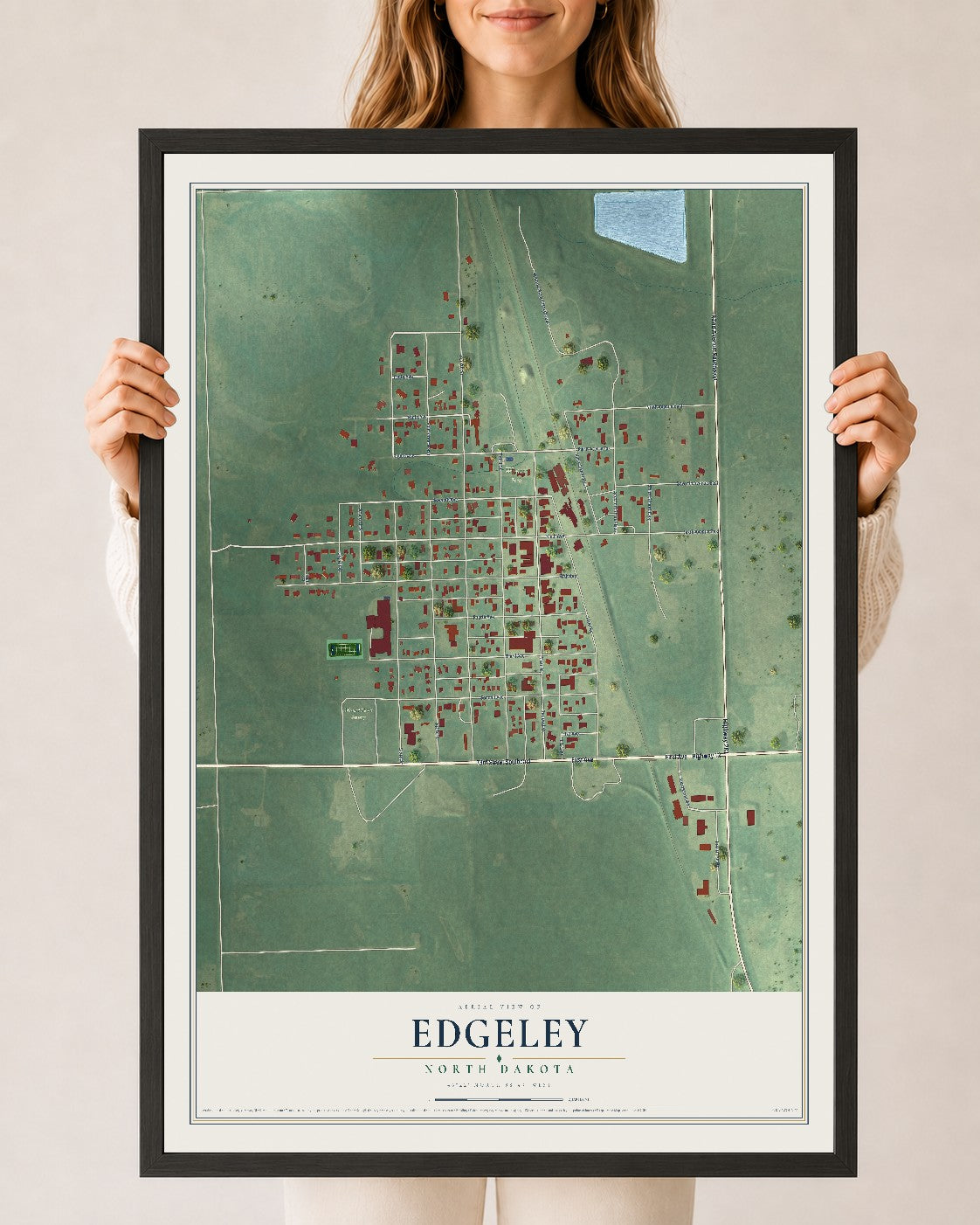 Map of Edgeley, North Dakota, 24 x 36 inch print in a black wood frame