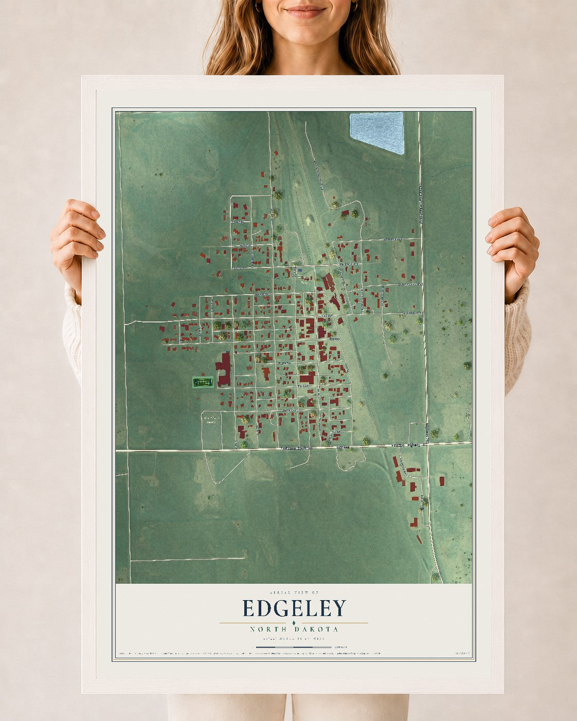 Map of Edgeley, North Dakota, 24 x 36 inch print in a white wood frame