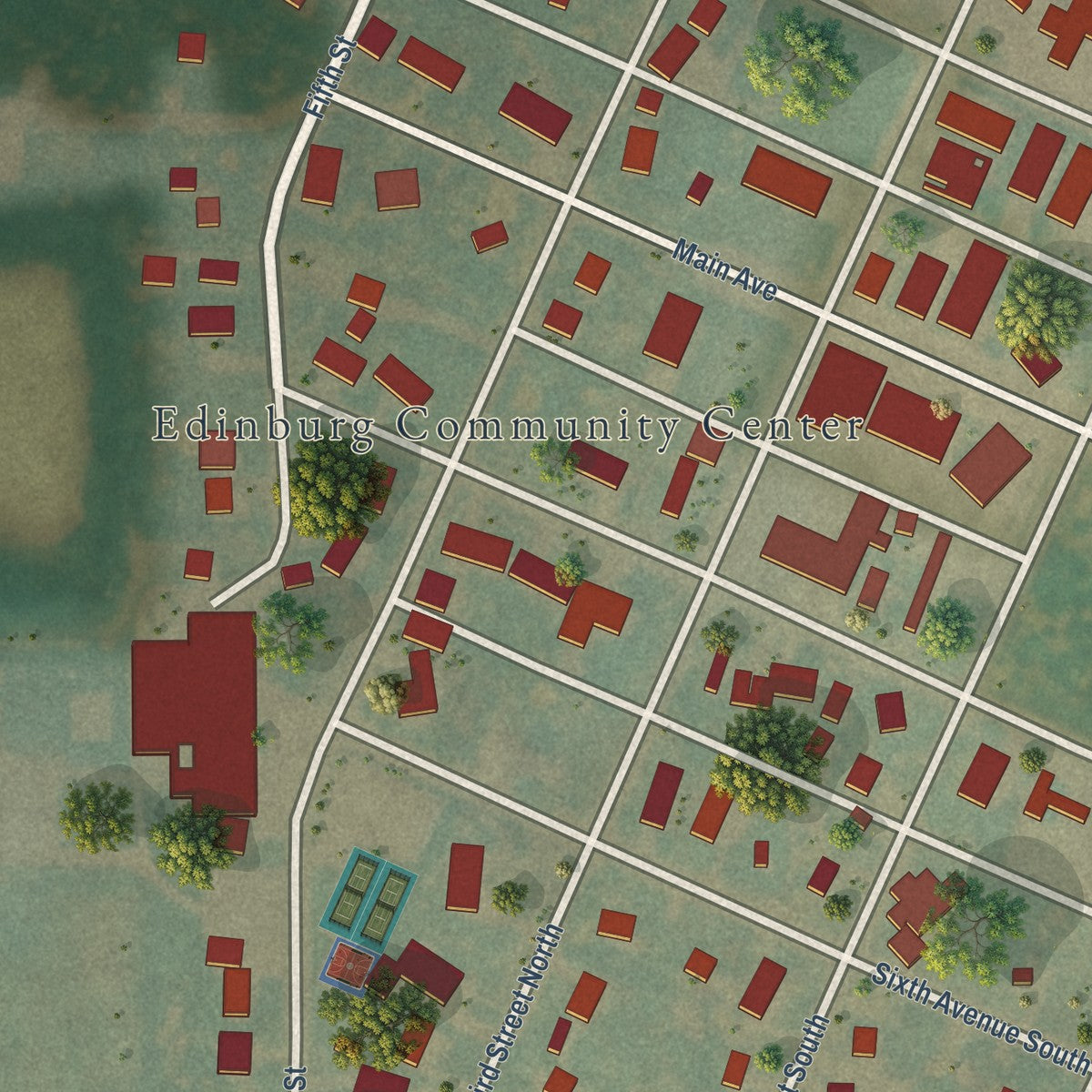Close-up of the map of Edinburg, North Dakota print showing street and building detail