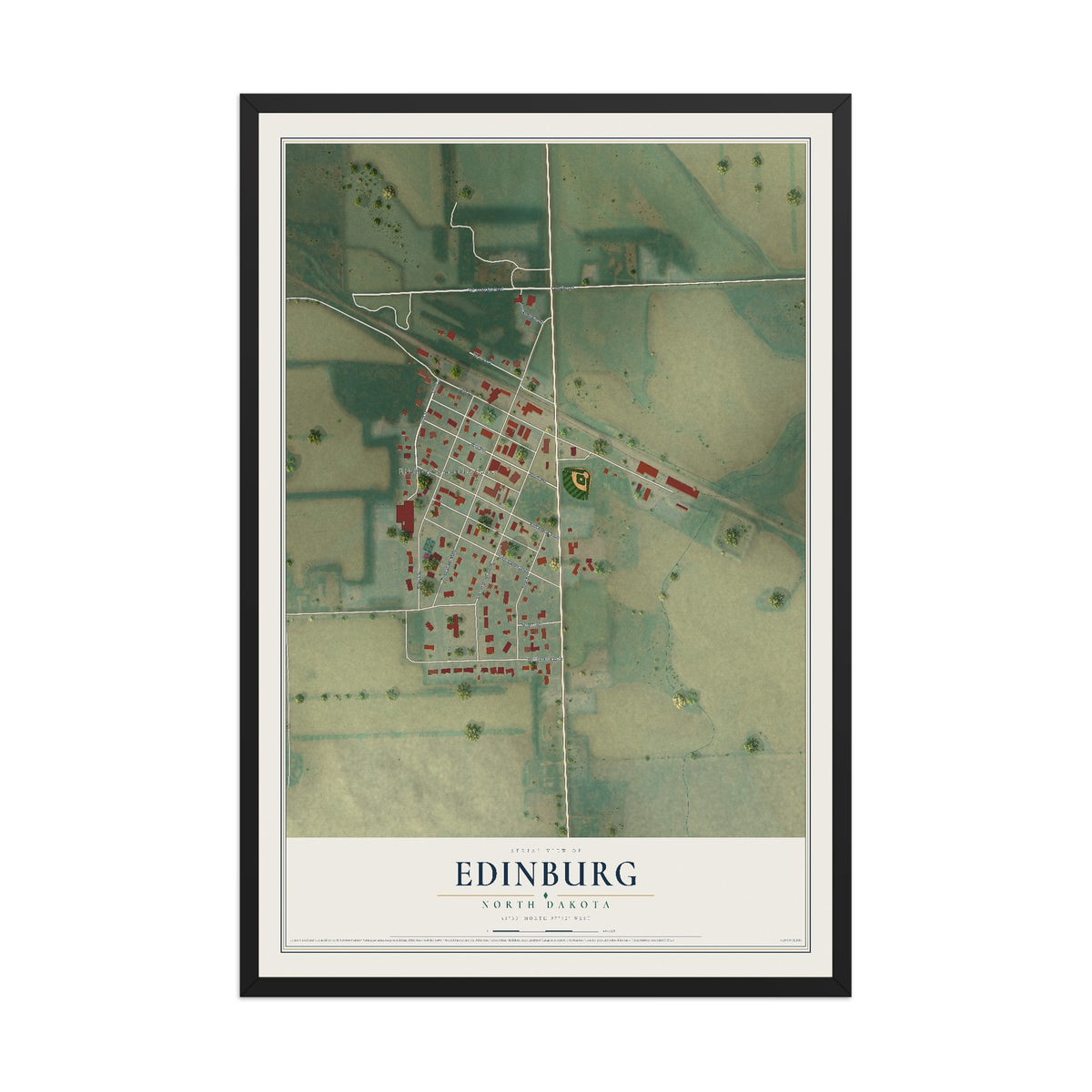 Map of Edinburg, North Dakota, 12 x 18 inch print in a black wood frame