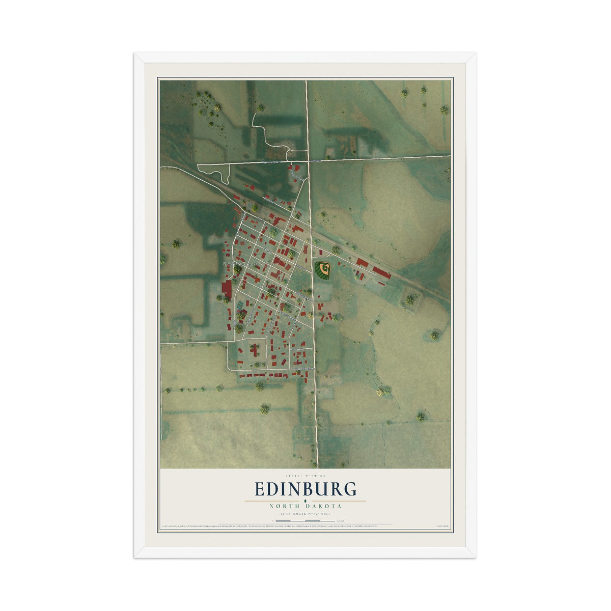 Map of Edinburg, North Dakota, 12 x 18 inch print in a white wood frame