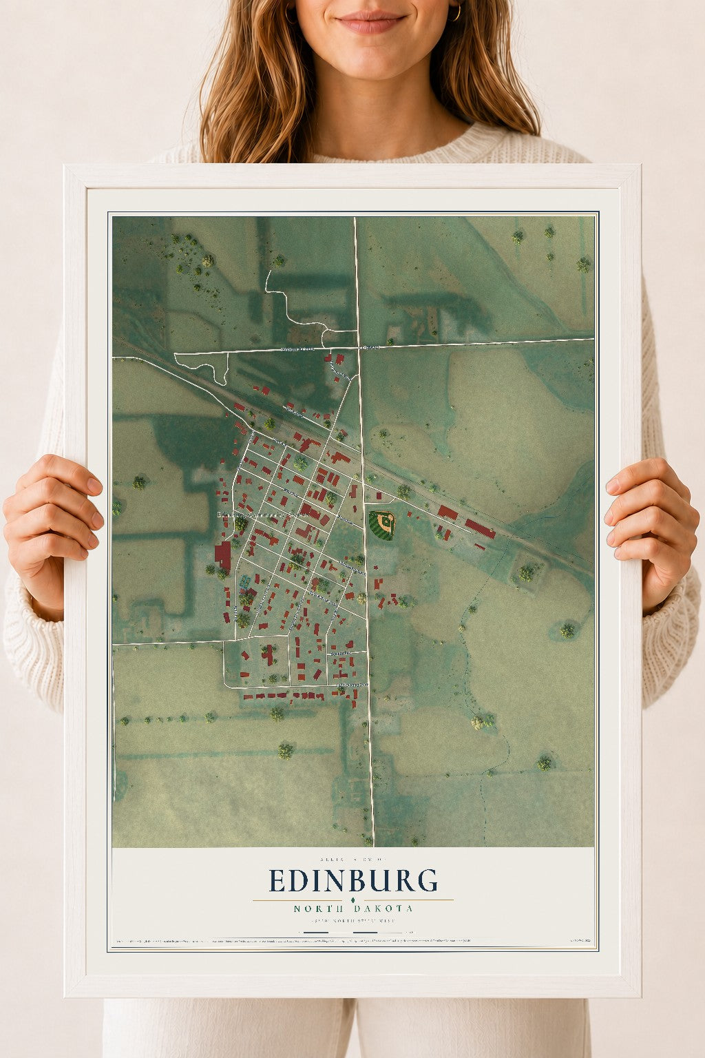 Map of Edinburg, North Dakota, 18 x 24 inch print in a white wood frame