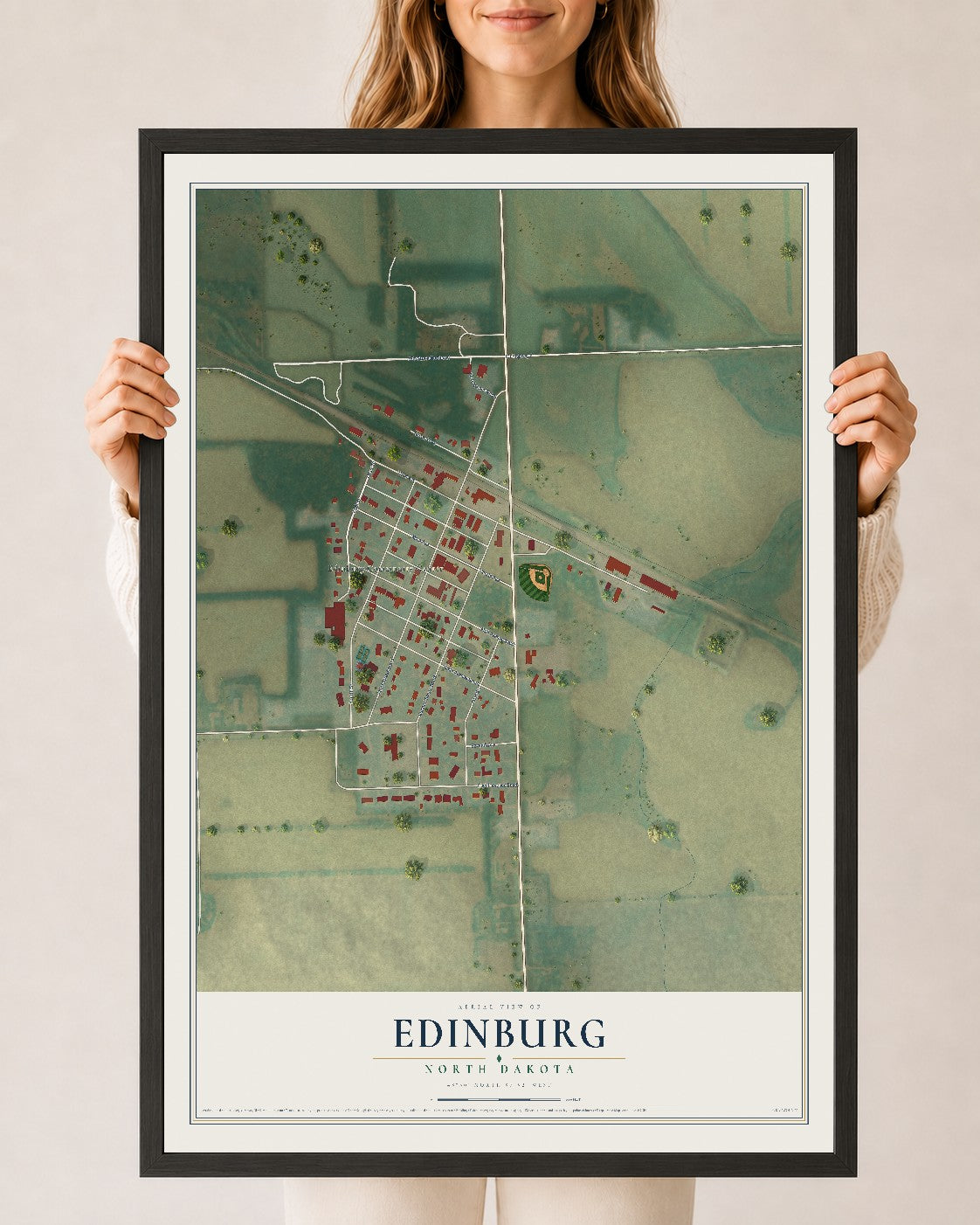 Map of Edinburg, North Dakota, 24 x 36 inch print in a black wood frame