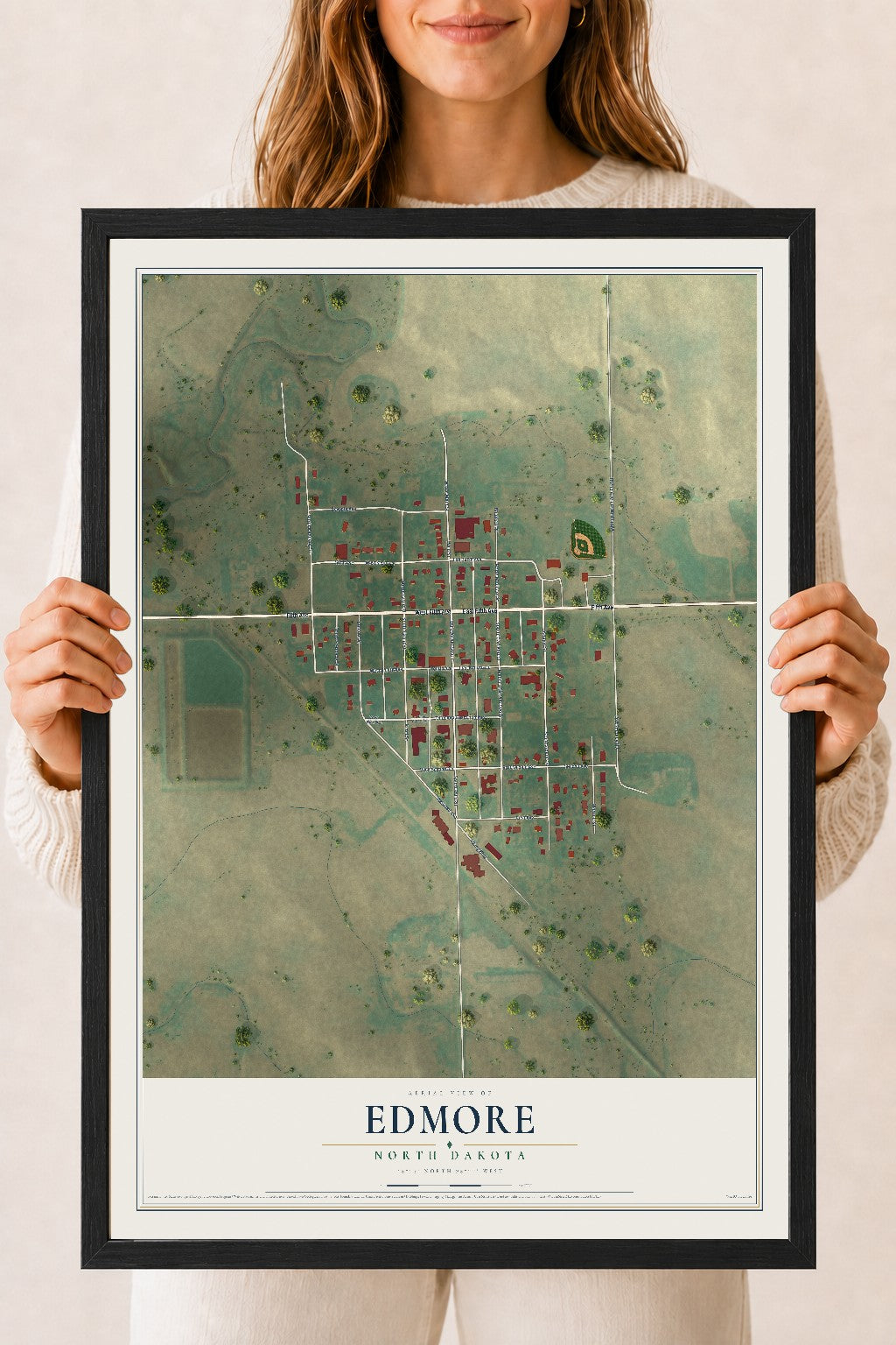 Map of Edmore, North Dakota, 18 x 24 inch print in a black wood frame