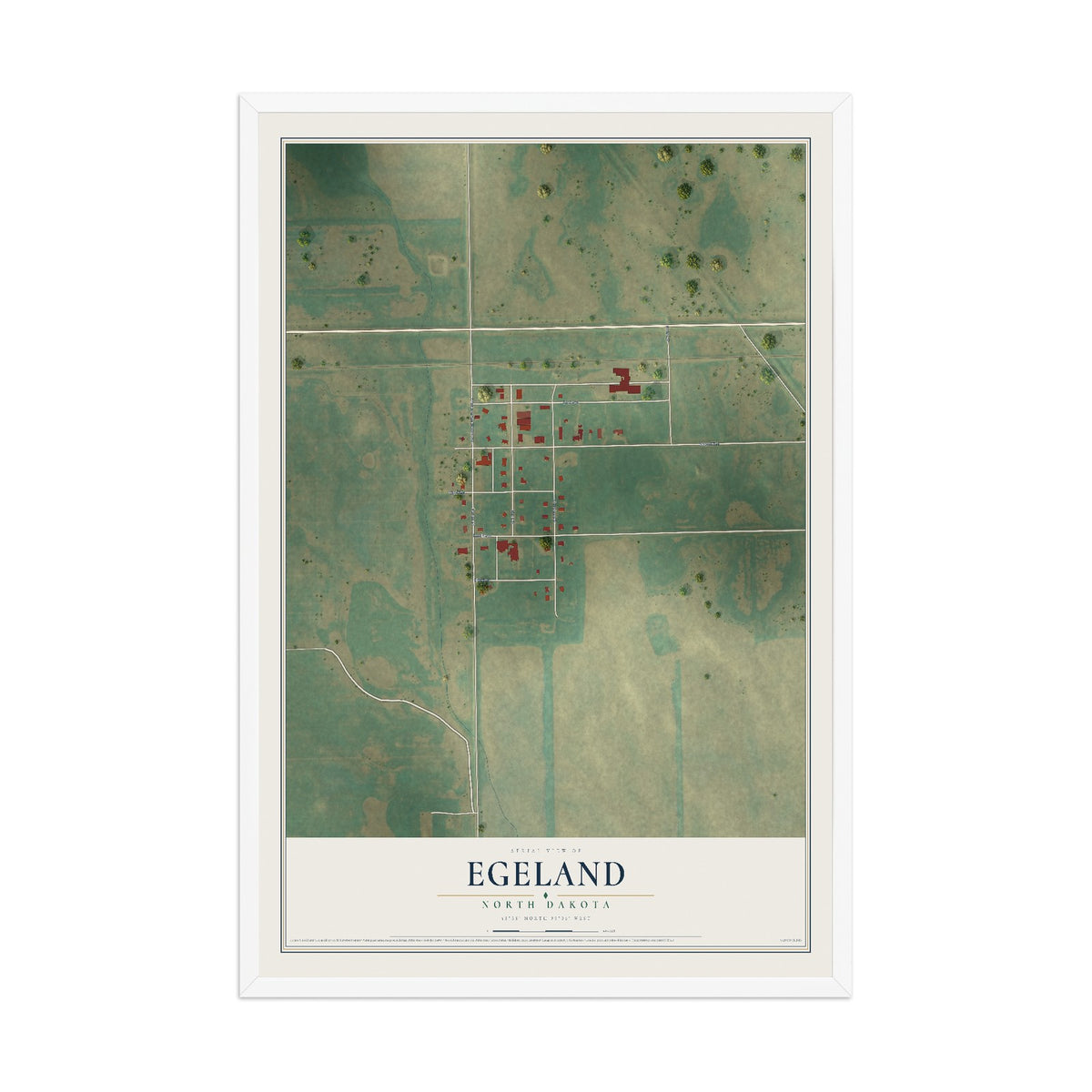 Map of Egeland, North Dakota, 12 x 18 inch print in a white wood frame