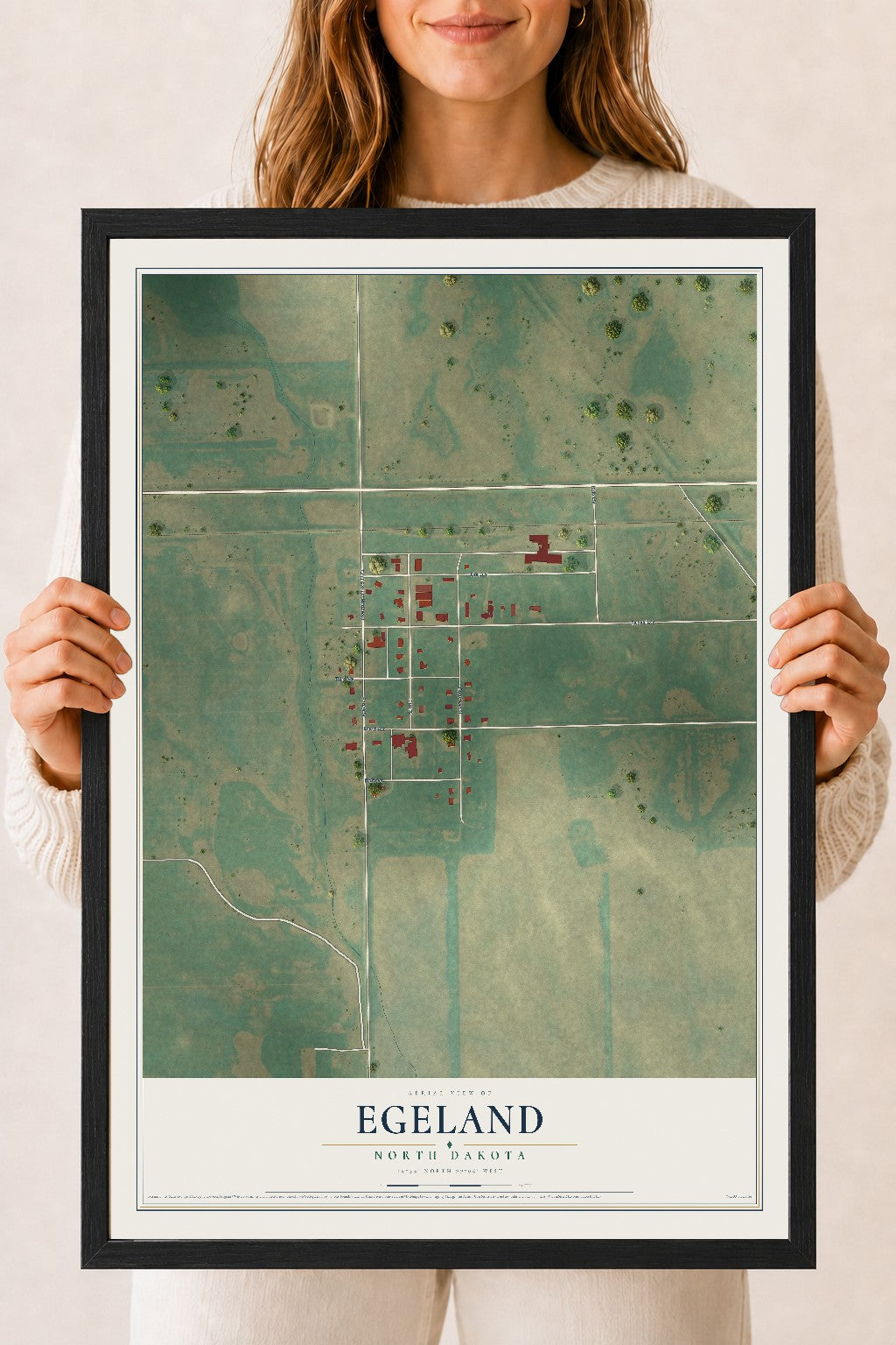 Map of Egeland, North Dakota, 18 x 24 inch print in a black wood frame
