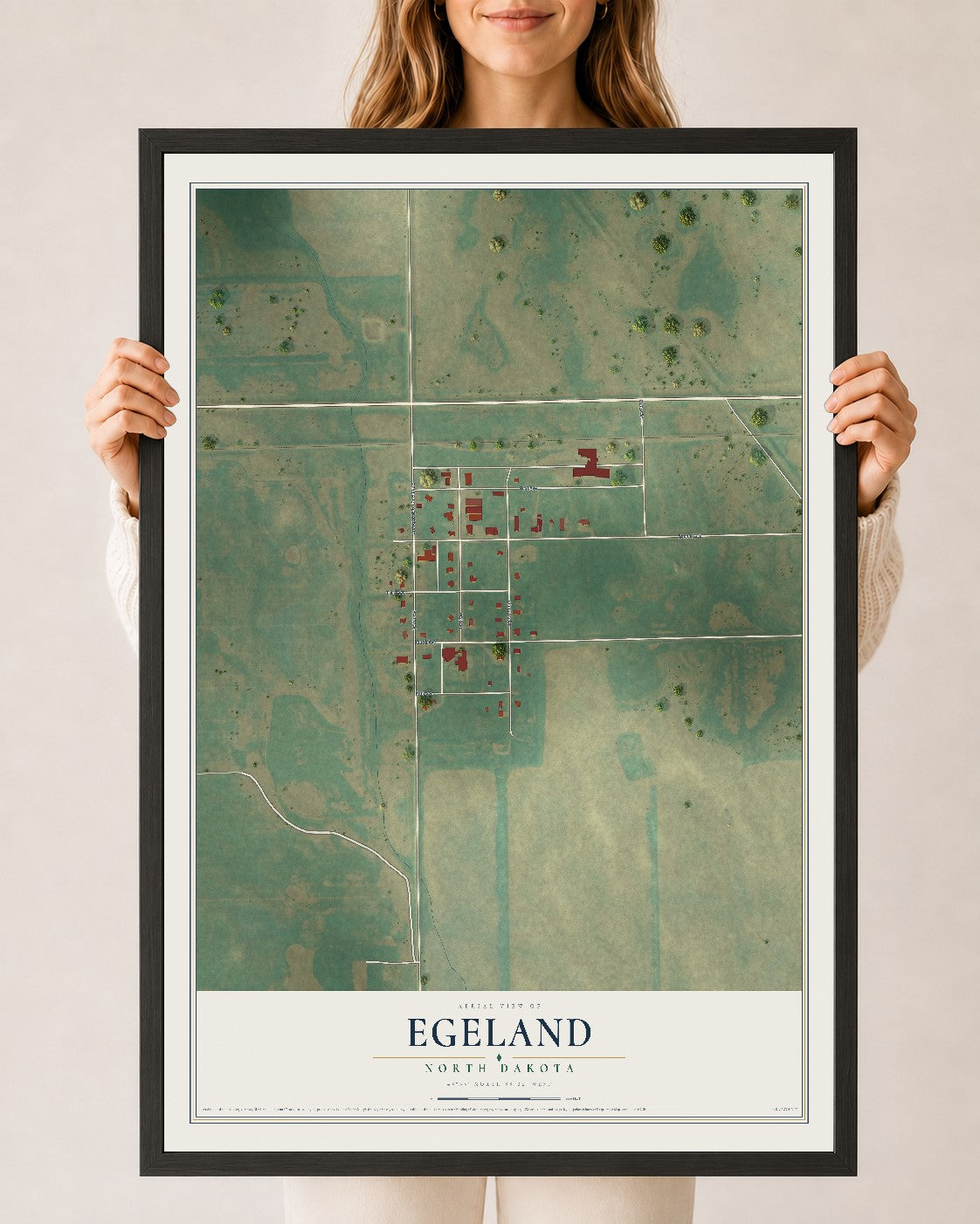 Map of Egeland, North Dakota, 24 x 36 inch print in a black wood frame