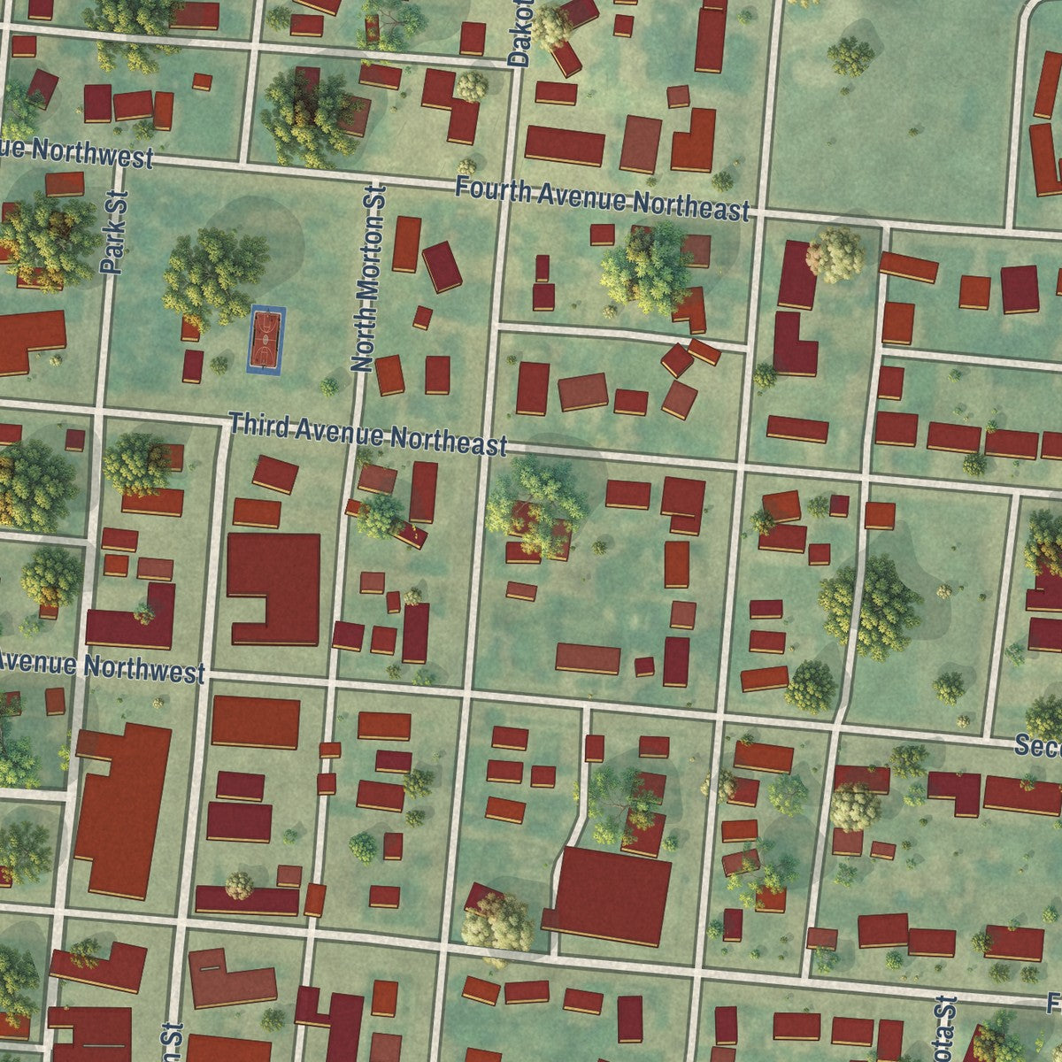Close-up of the map of Elgin, North Dakota print showing street and building detail