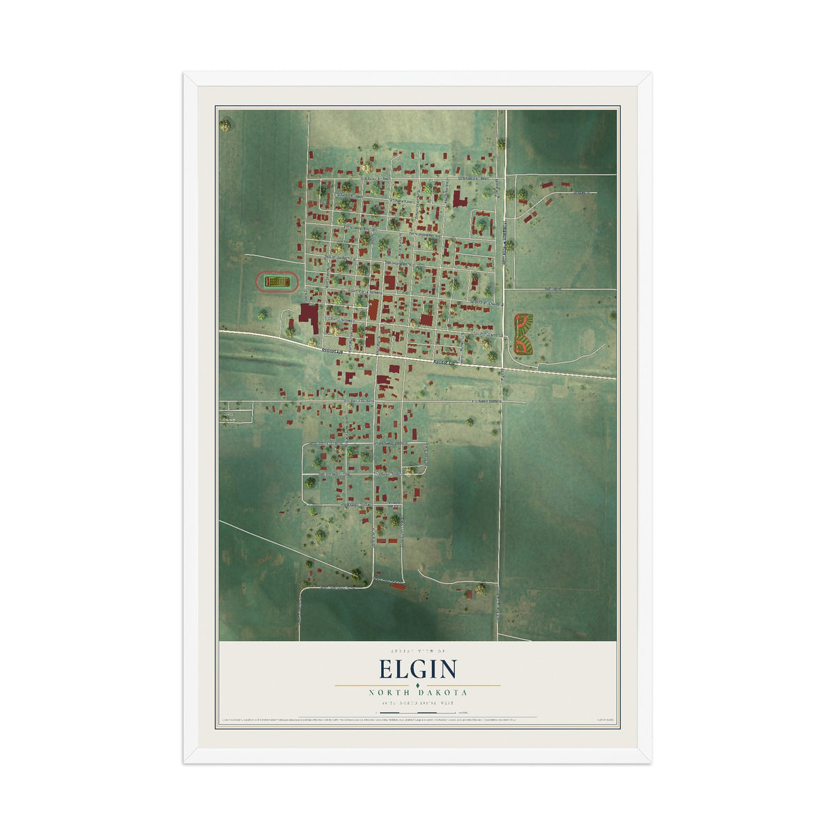 Map of Elgin, North Dakota, 12 x 18 inch print in a white wood frame