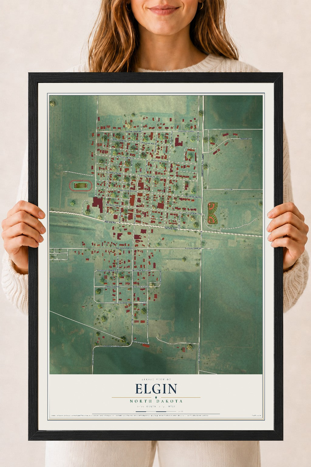 Map of Elgin, North Dakota, 18 x 24 inch print in a black wood frame