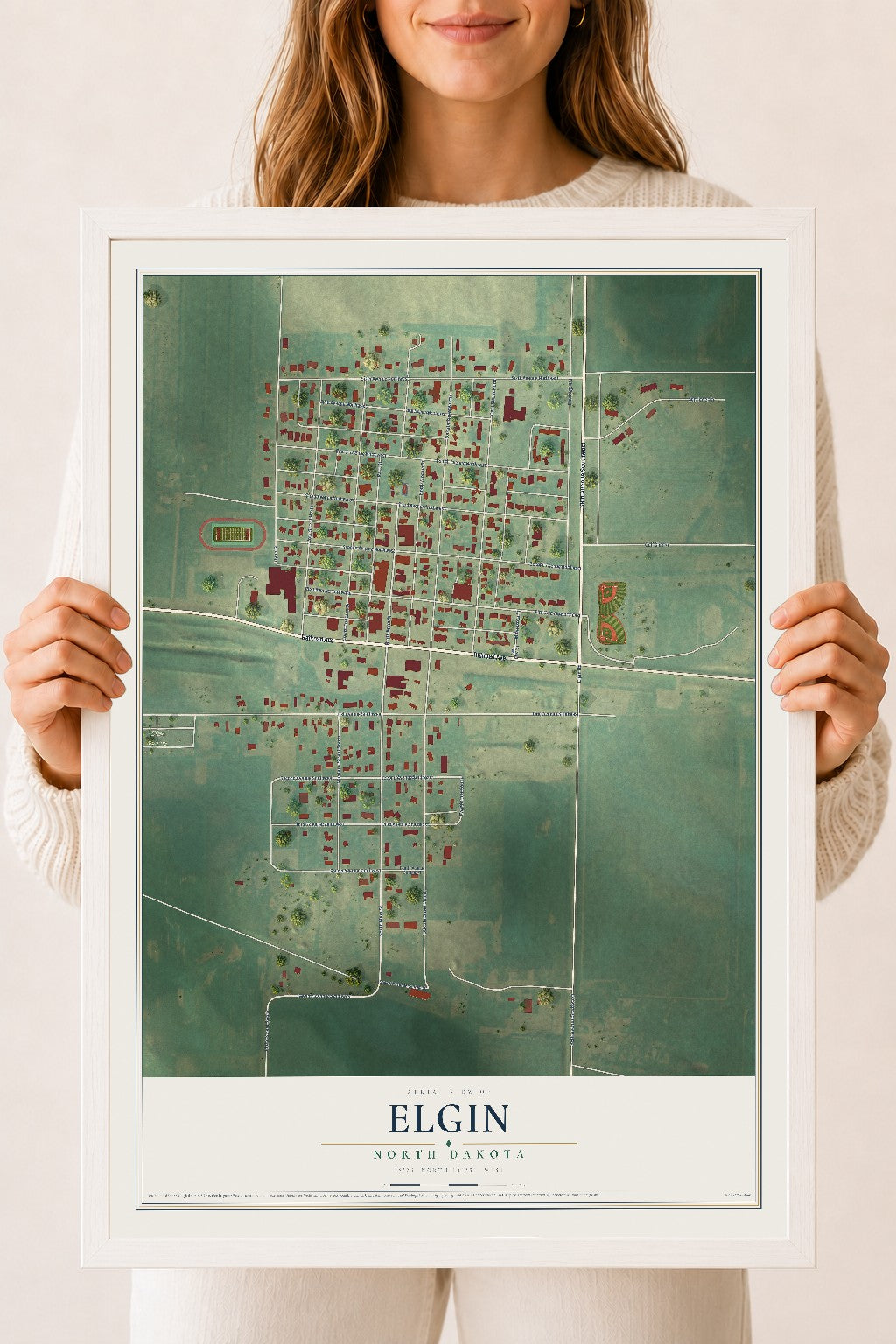 Map of Elgin, North Dakota, 18 x 24 inch print in a white wood frame