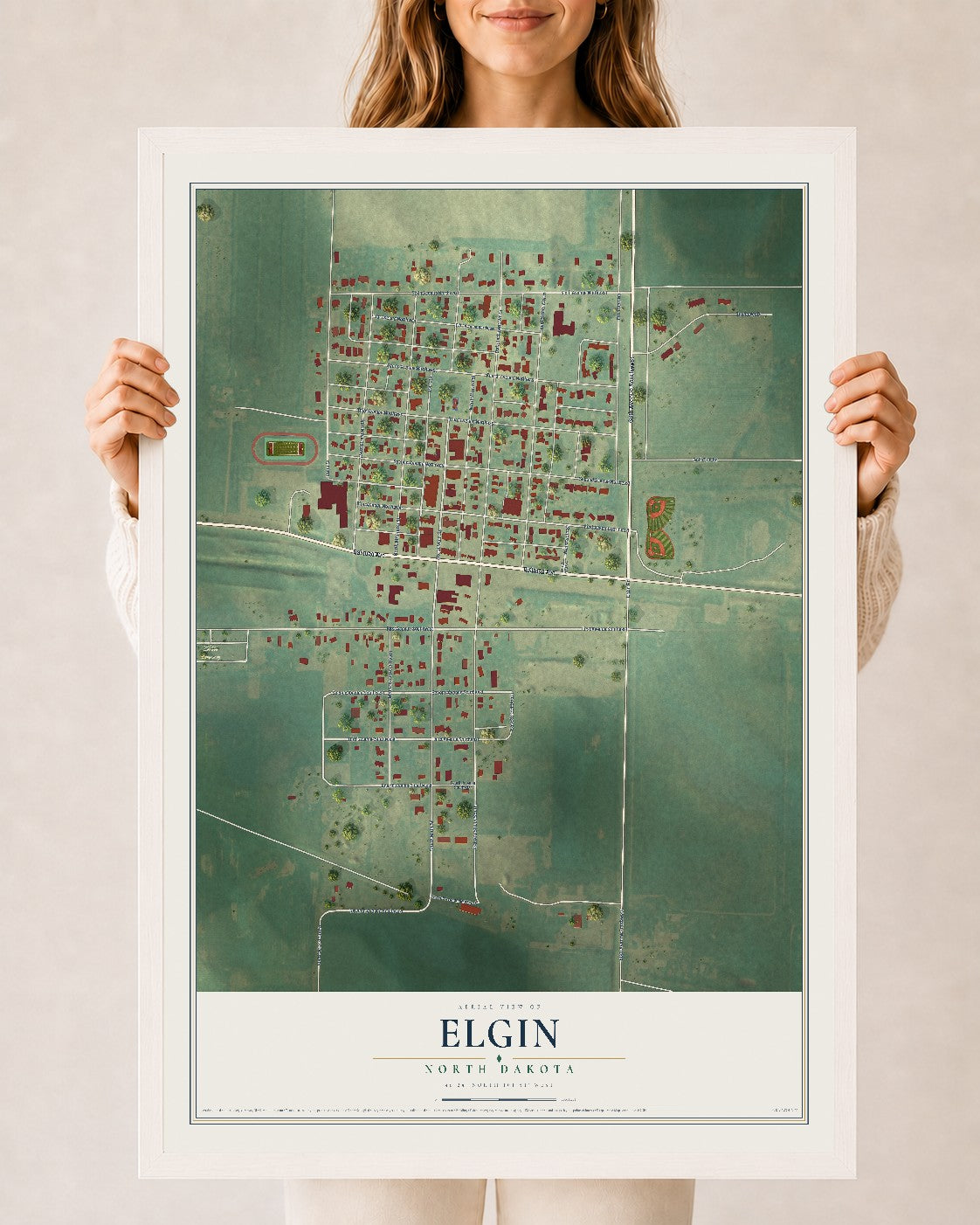 Map of Elgin, North Dakota, 24 x 36 inch print in a white wood frame