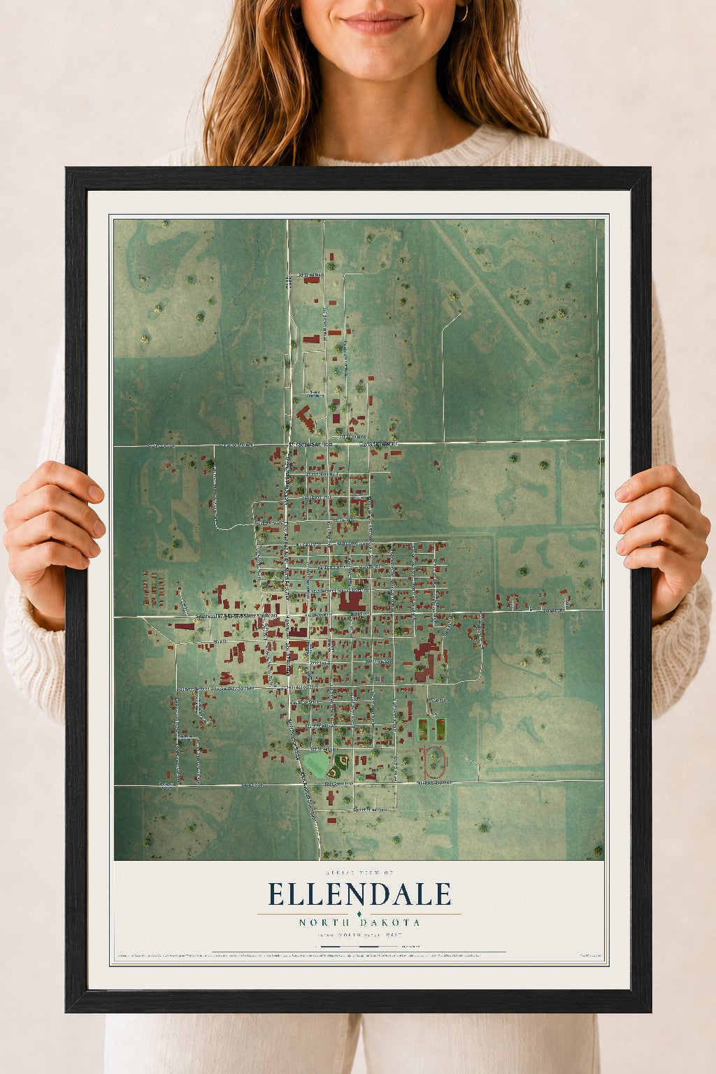 Map of Ellendale, North Dakota, 18 x 24 inch print in a black wood frame