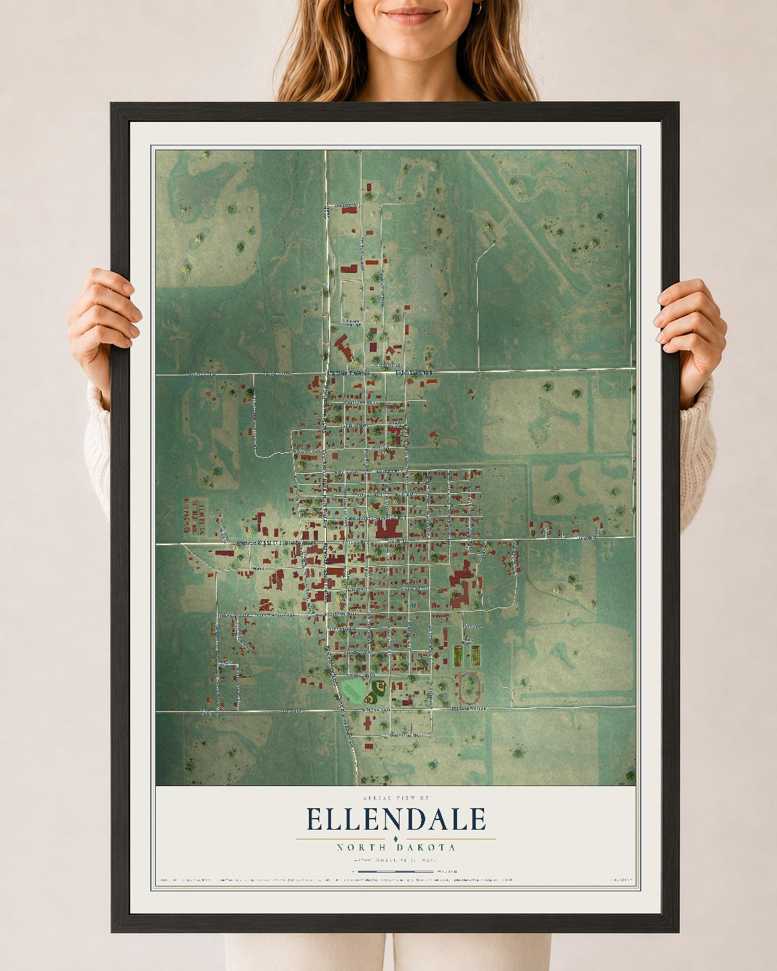 Map of Ellendale, North Dakota, 24 x 36 inch print in a black wood frame