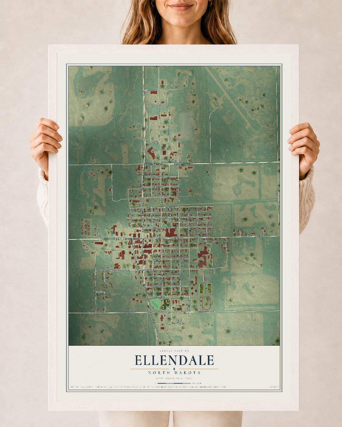 Map of Ellendale, North Dakota, 24 x 36 inch print in a white wood frame