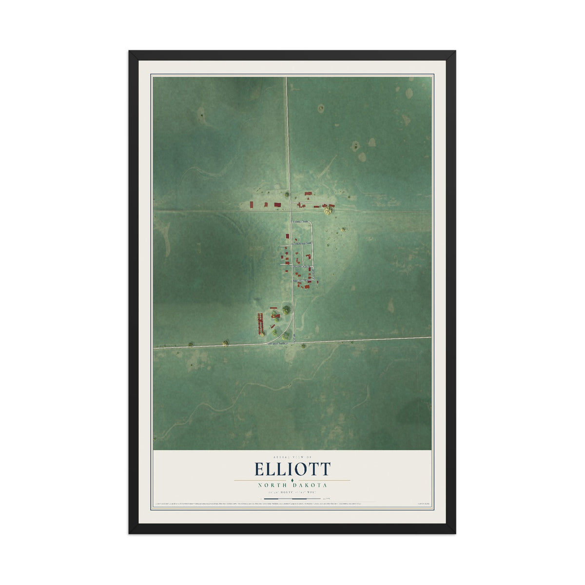 Map of Elliott, North Dakota, 12 x 18 inch print in a black wood frame