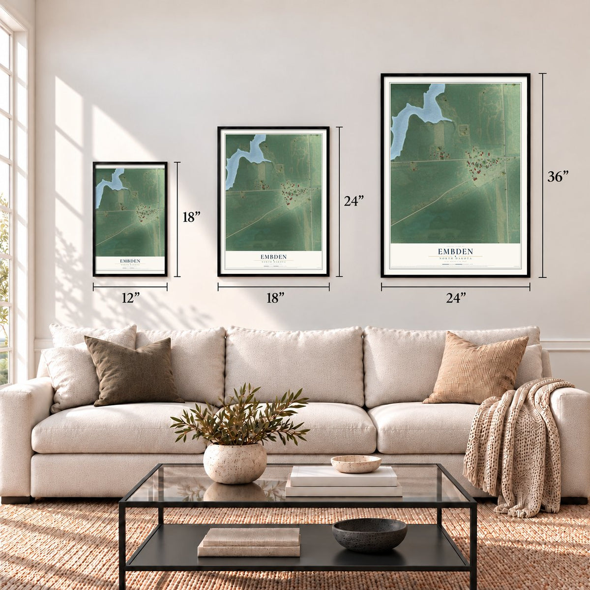 Embden, North Dakota map in 12 x 18, 18 x 24 and 24 x 36 inch sizes above a sofa