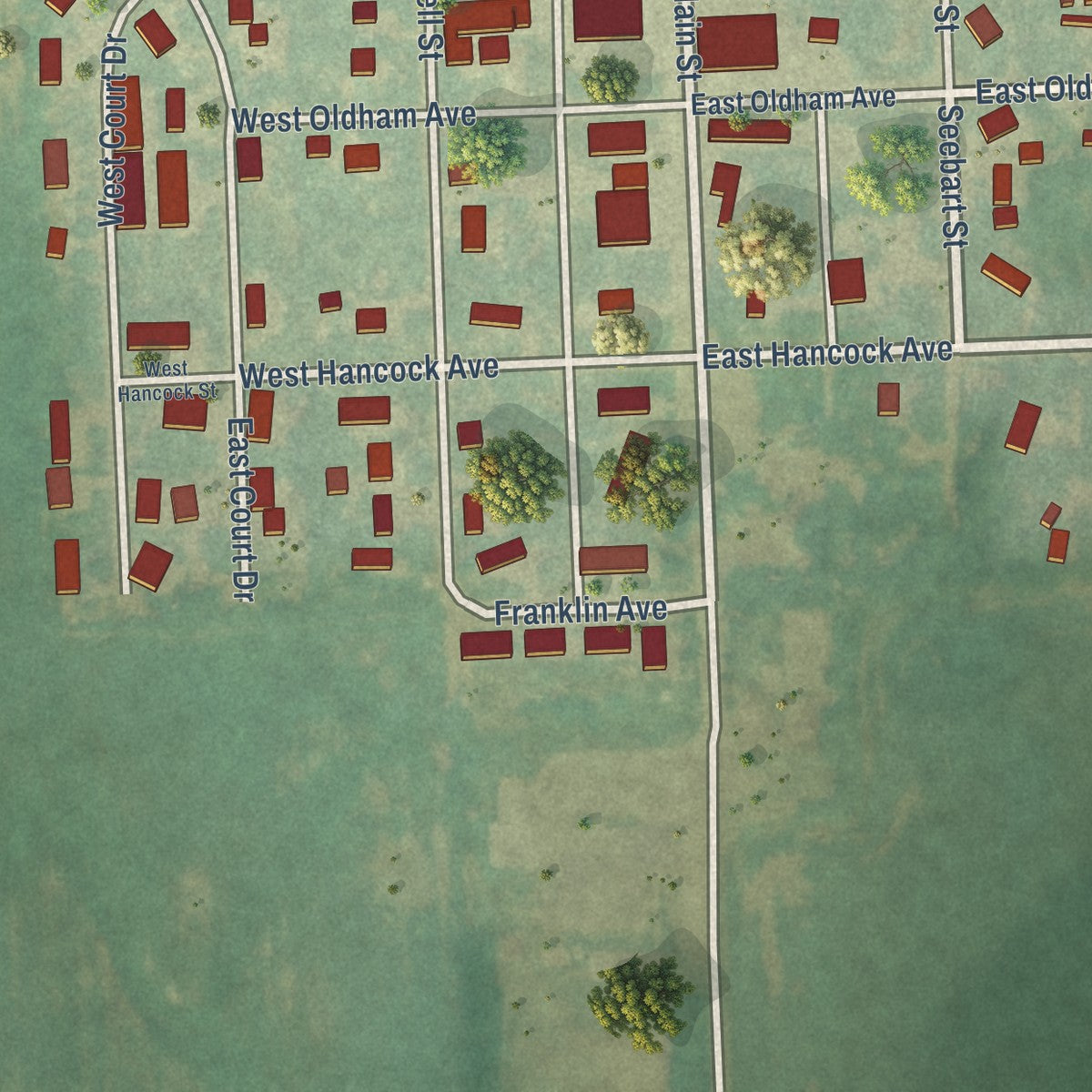 Second close-up of the map of Emerado, North Dakota print showing more streets and buildings