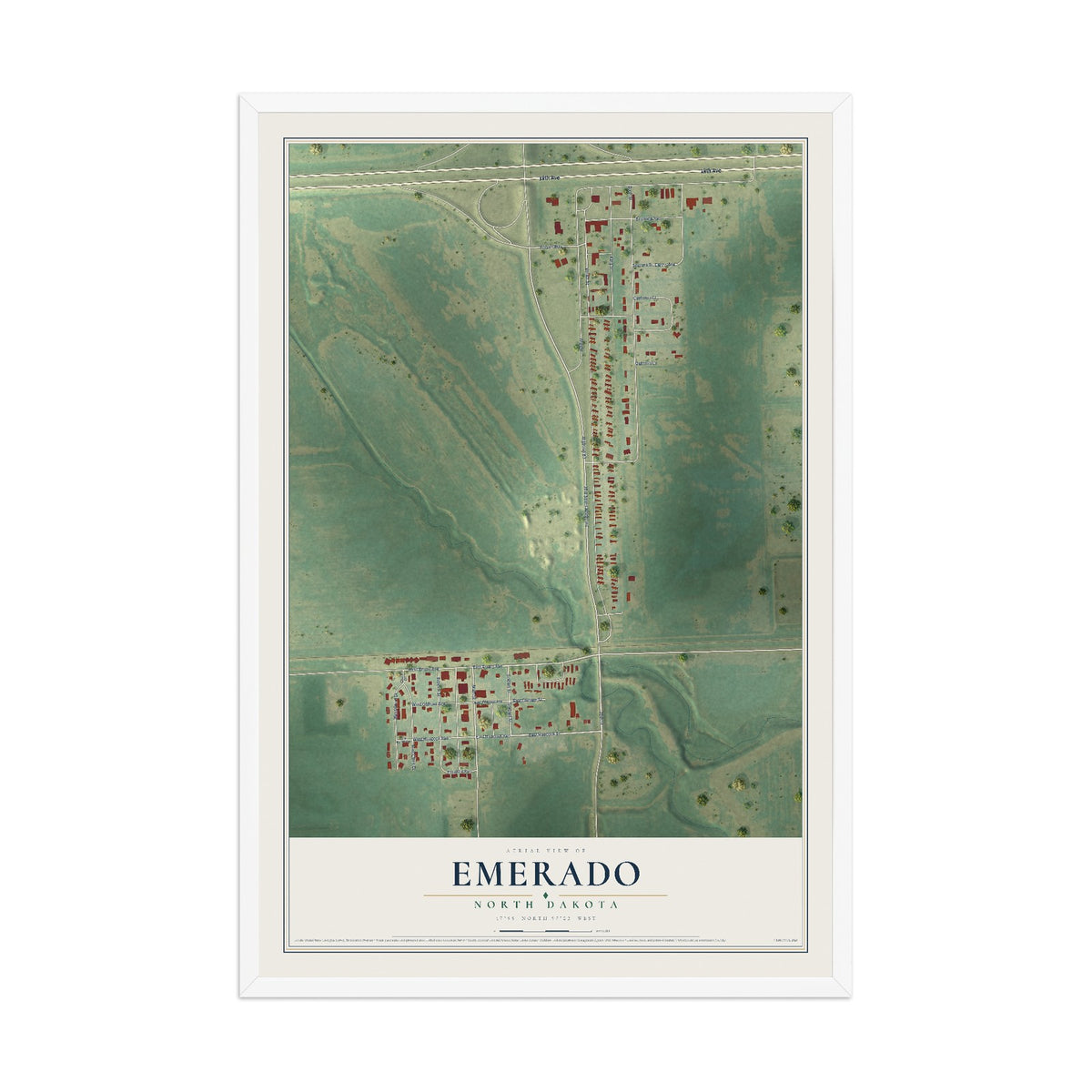 Map of Emerado, North Dakota, 12 x 18 inch print in a white wood frame