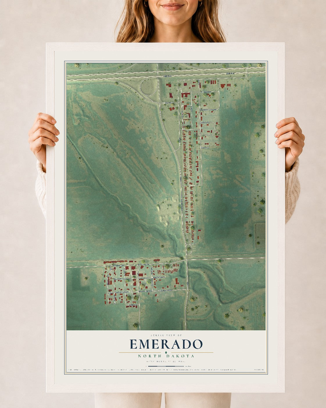 Map of Emerado, North Dakota, 24 x 36 inch print in a white wood frame