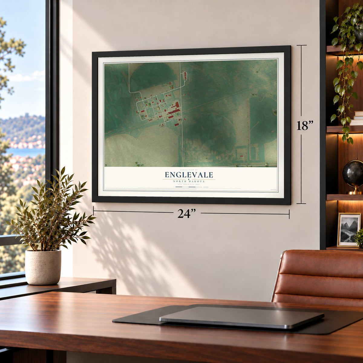 Englevale, North Dakota map, 18 x 24 inch print in a black frame in a home office