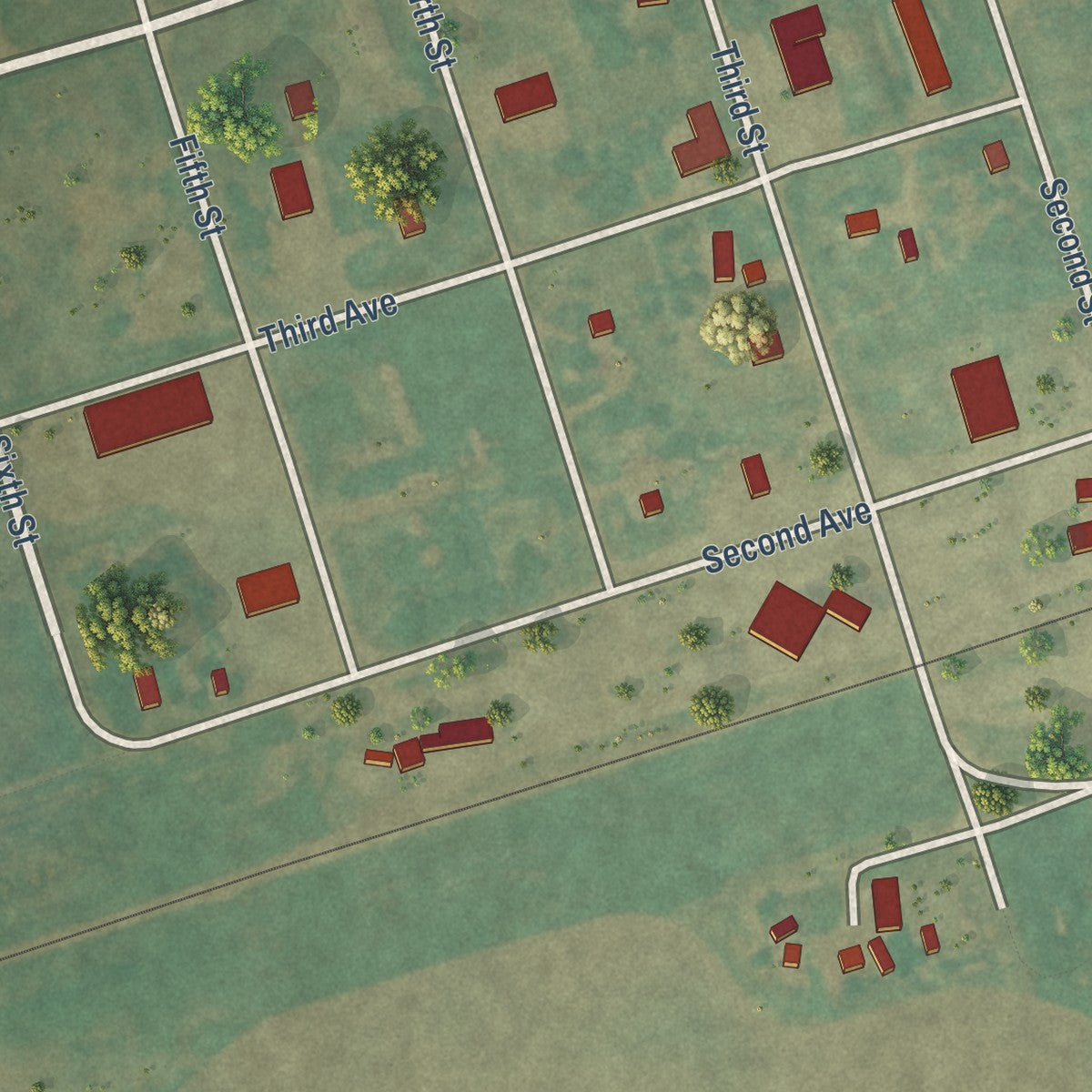 Close-up of the map of Englevale, North Dakota print showing street and building detail