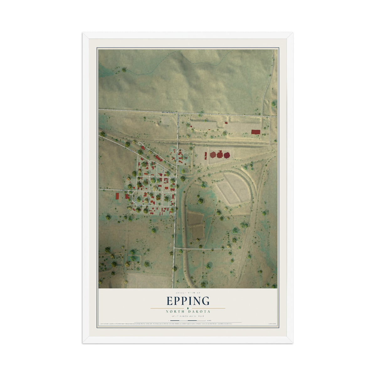 Map of Epping, North Dakota, 12 x 18 inch print in a white wood frame