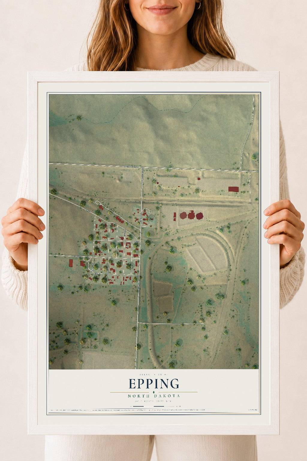 Map of Epping, North Dakota, 18 x 24 inch print in a white wood frame