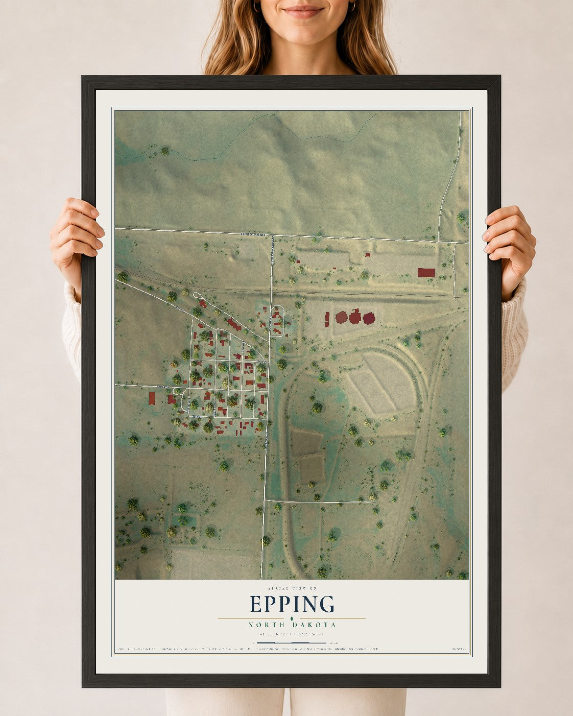 Map of Epping, North Dakota, 24 x 36 inch print in a black wood frame