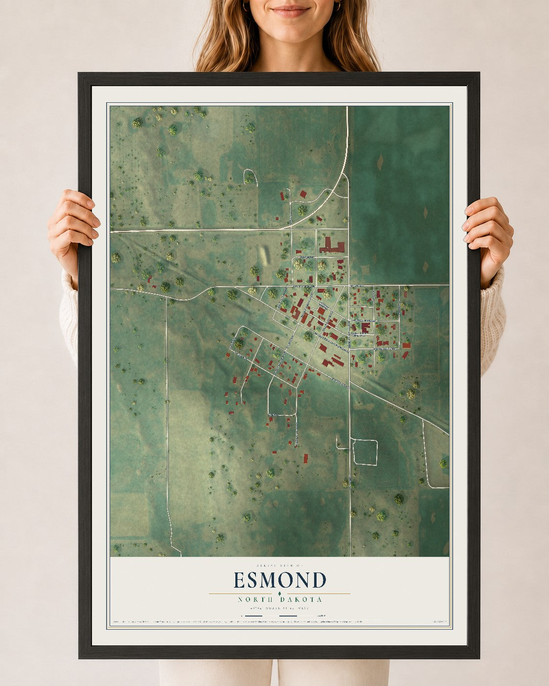 Map of Esmond, North Dakota, 24 x 36 inch print in a black wood frame