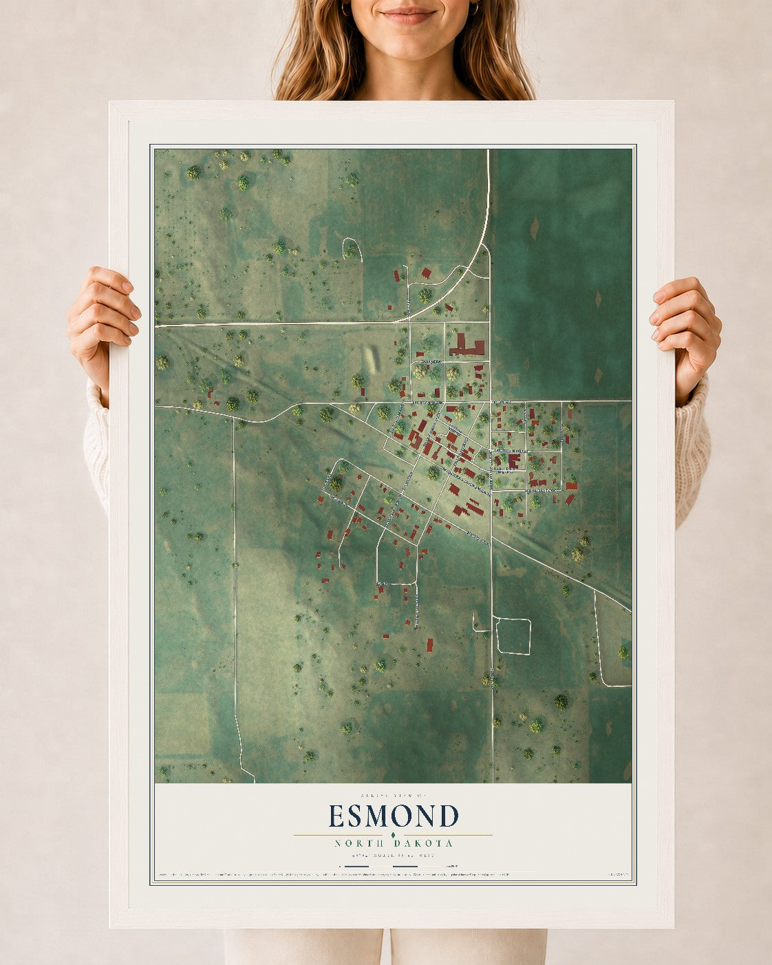 Map of Esmond, North Dakota, 24 x 36 inch print in a white wood frame