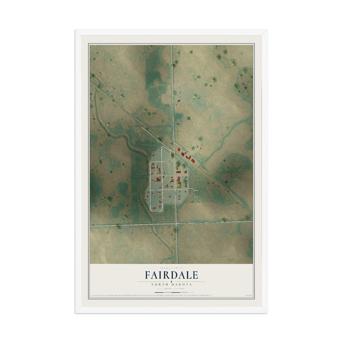 Map of Fairdale, North Dakota, 12 x 18 inch print in a white wood frame