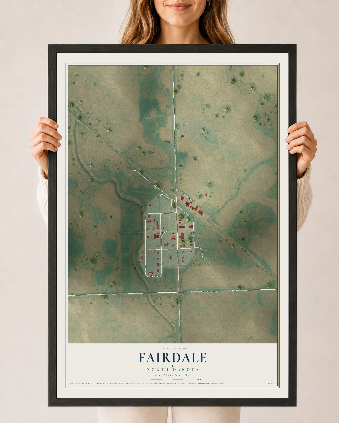 Map of Fairdale, North Dakota, 24 x 36 inch print in a black wood frame