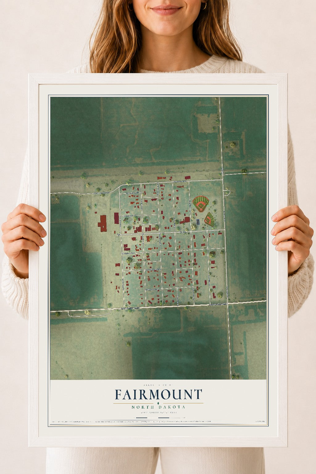 Map of Fairmount, North Dakota, 18 x 24 inch print in a white wood frame