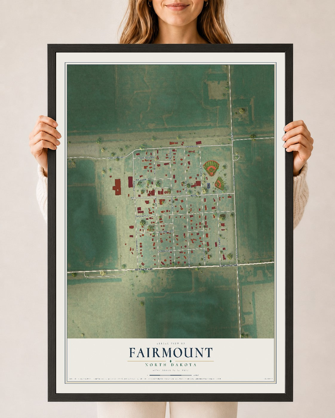 Map of Fairmount, North Dakota, 24 x 36 inch print in a black wood frame