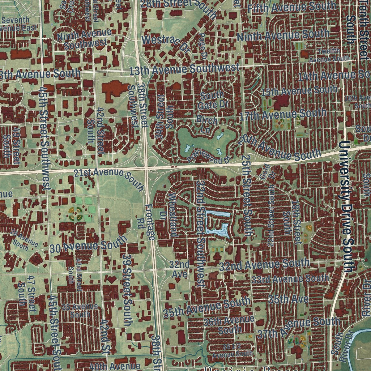 Close-up of the map of Fargo, North Dakota print showing street and building detail