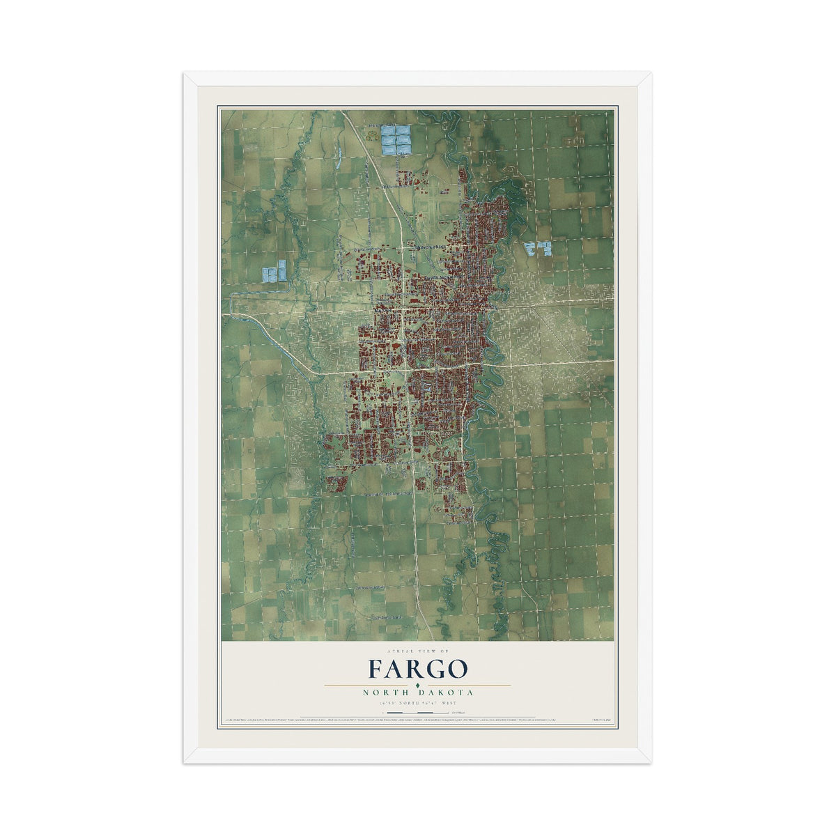 Map of Fargo, North Dakota, 12 x 18 inch print in a white wood frame