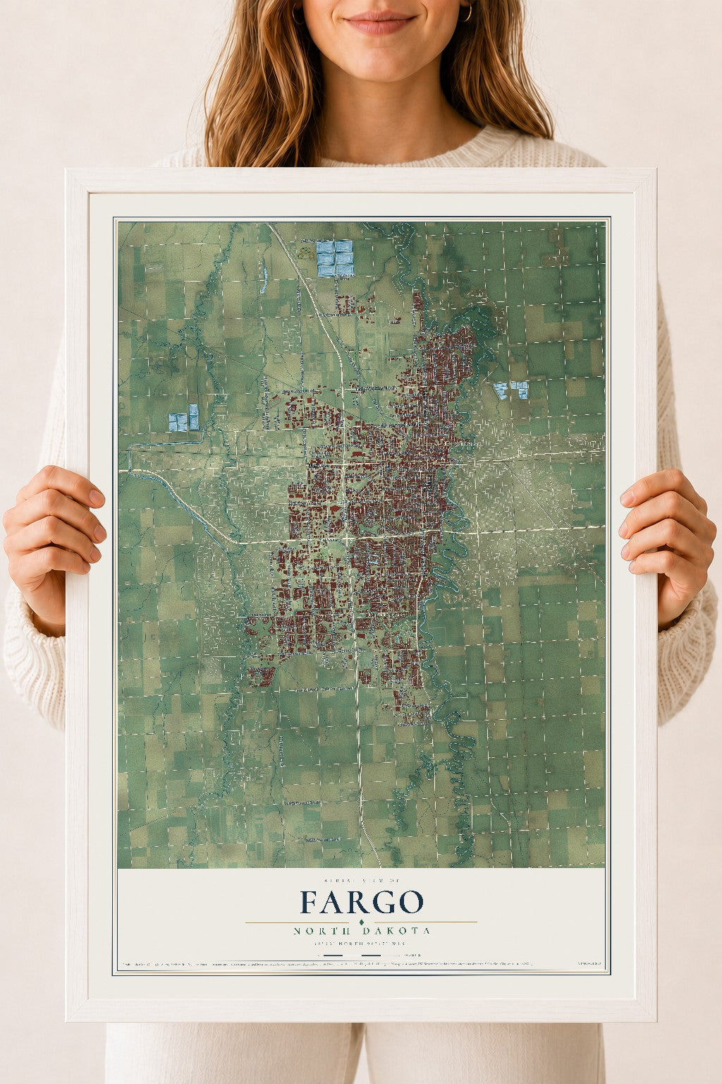 Map of Fargo, North Dakota, 18 x 24 inch print in a white wood frame