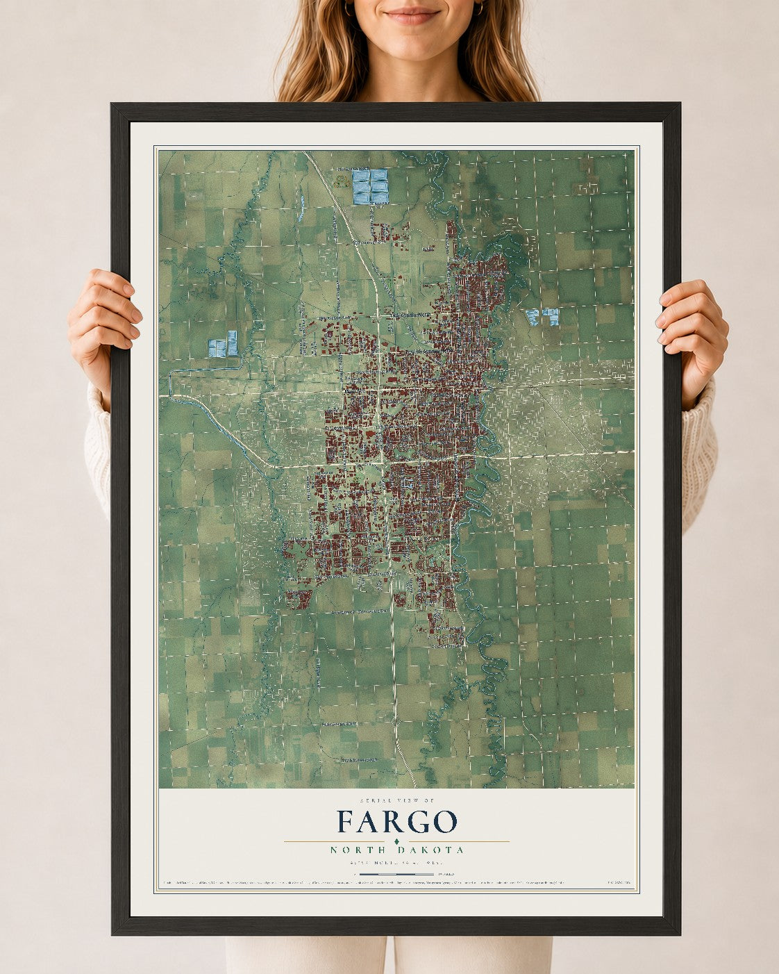 Map of Fargo, North Dakota, 24 x 36 inch print in a black wood frame