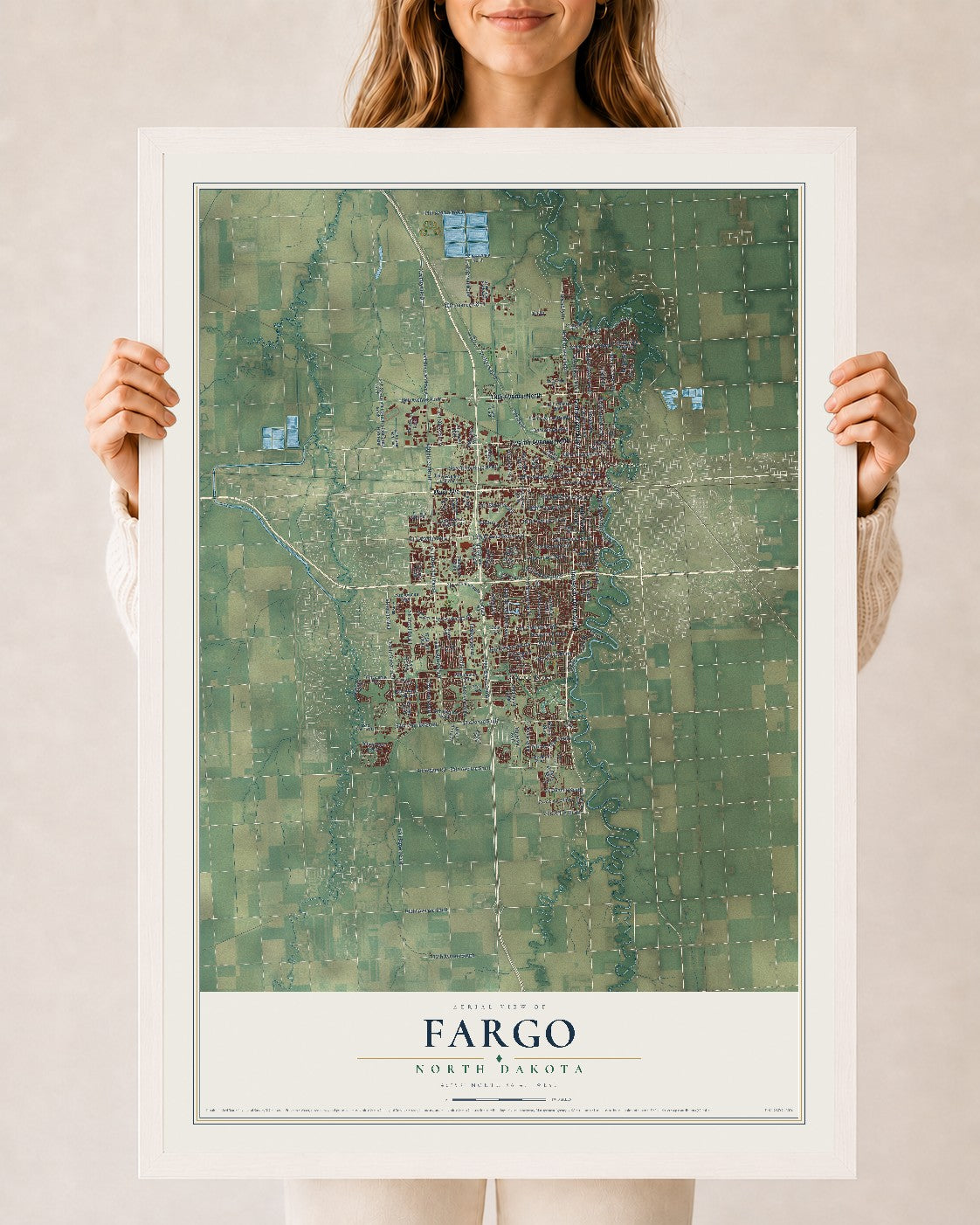 Map of Fargo, North Dakota, 24 x 36 inch print in a white wood frame