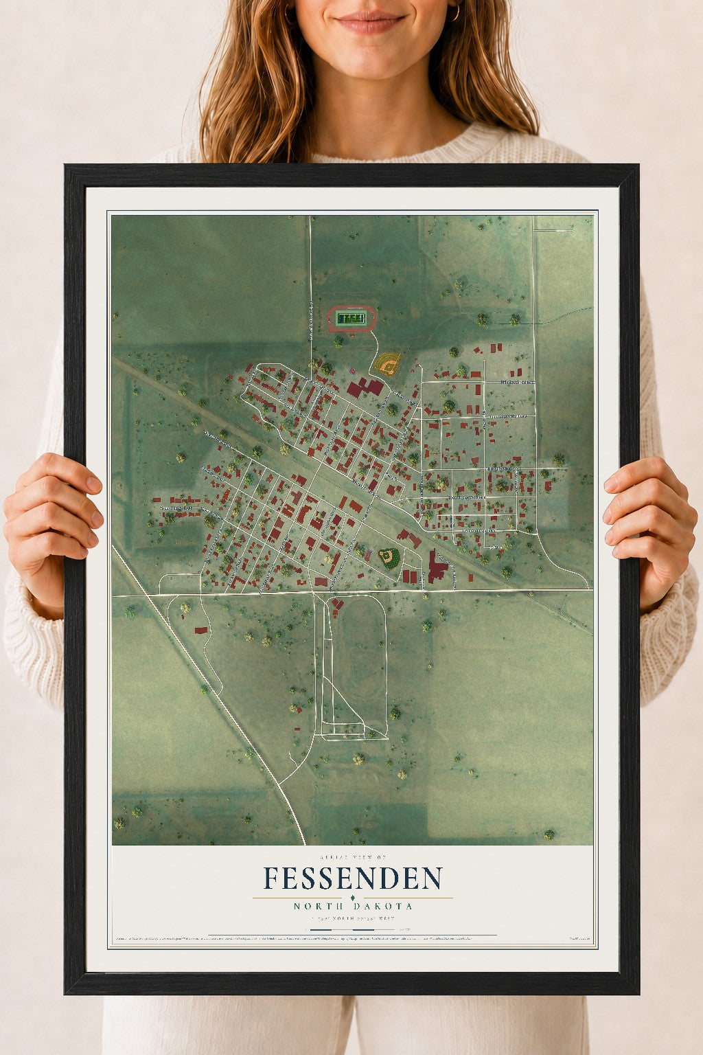 Map of Fessenden, North Dakota, 18 x 24 inch print in a black wood frame