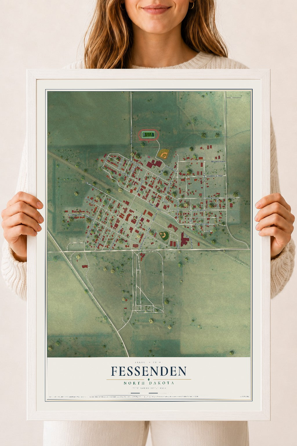 Map of Fessenden, North Dakota, 18 x 24 inch print in a white wood frame