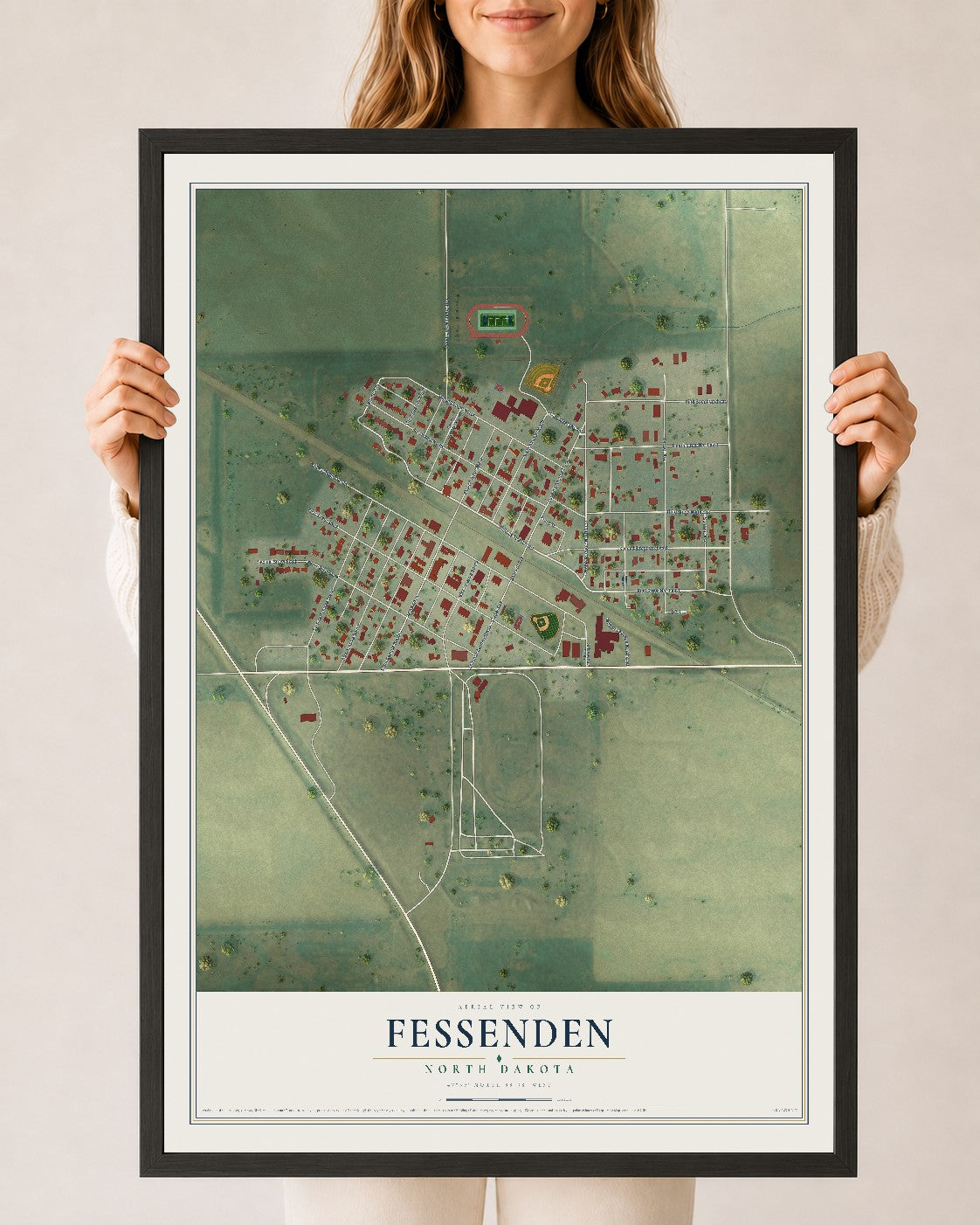 Map of Fessenden, North Dakota, 24 x 36 inch print in a black wood frame