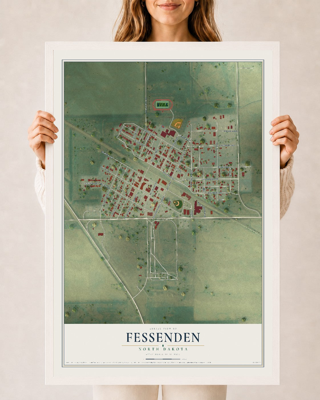 Map of Fessenden, North Dakota, 24 x 36 inch print in a white wood frame