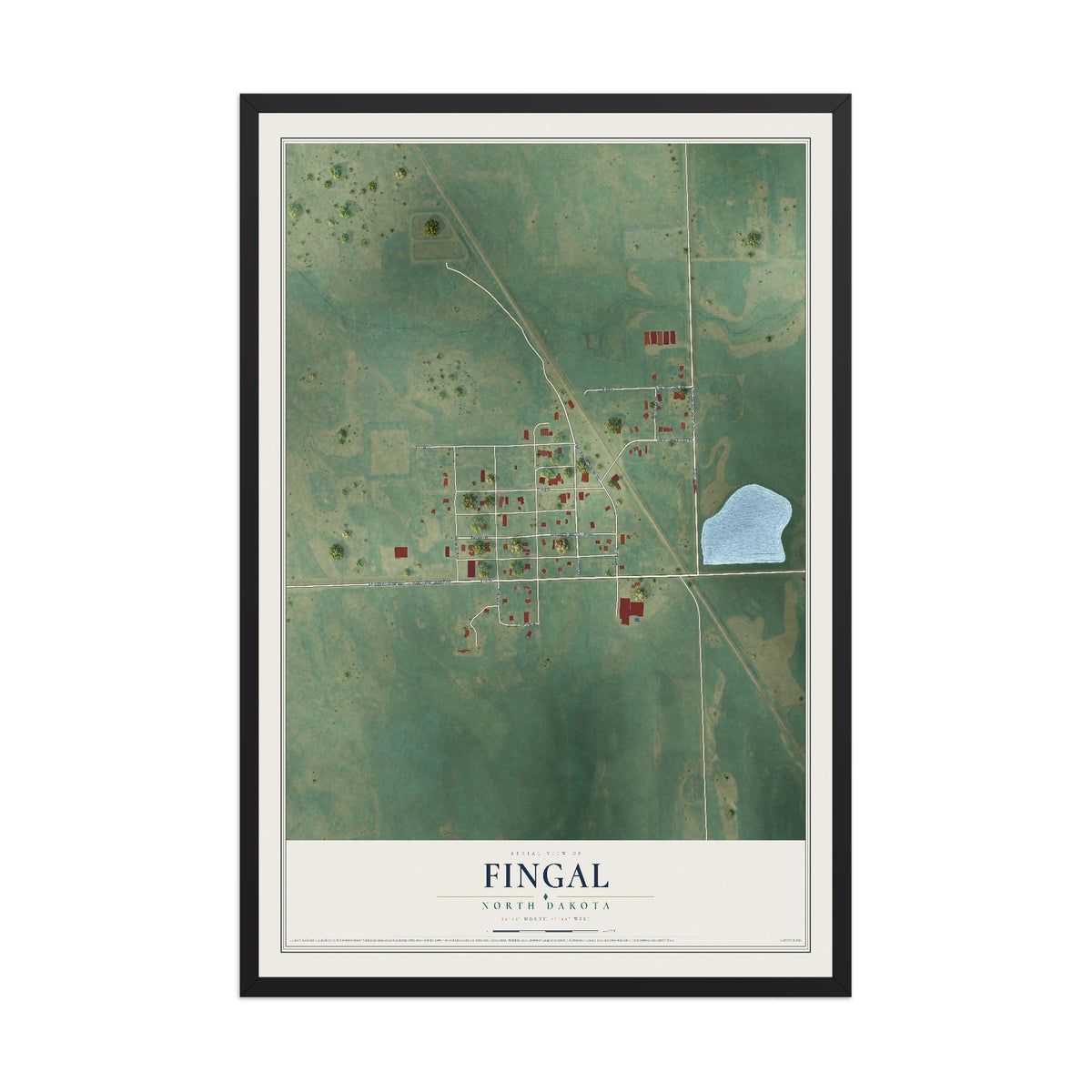 Map of Fingal, North Dakota, 12 x 18 inch print in a black wood frame